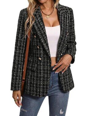 Chic Women's Fall Tweed Blazer Jacket | Plaid Business Casual Coat